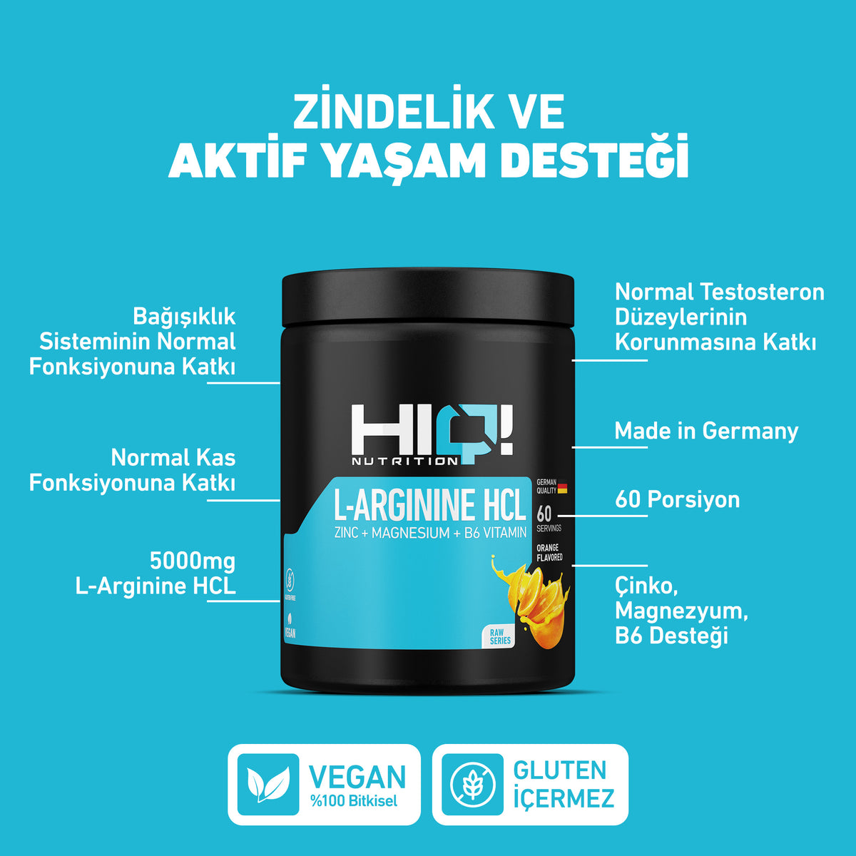 HIQ L-Arginine Hcl Zinc + Magnesium + B6 Vitamin 480g